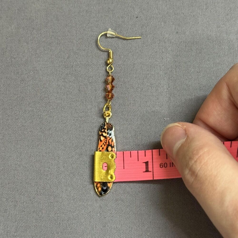 Gold Tone Orange Butterfly Dangle Drop Earrings Womens Glass Enamel Jewelry - Picture 6 of 7